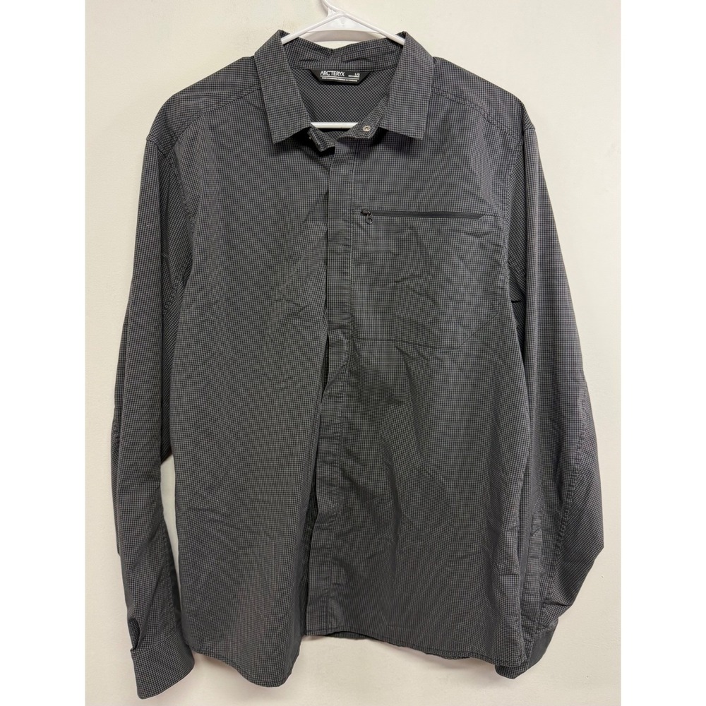 Arcteryx Skyline LS Shirt Mens Large Gray Grid Snap Front Hiking Travel 19065